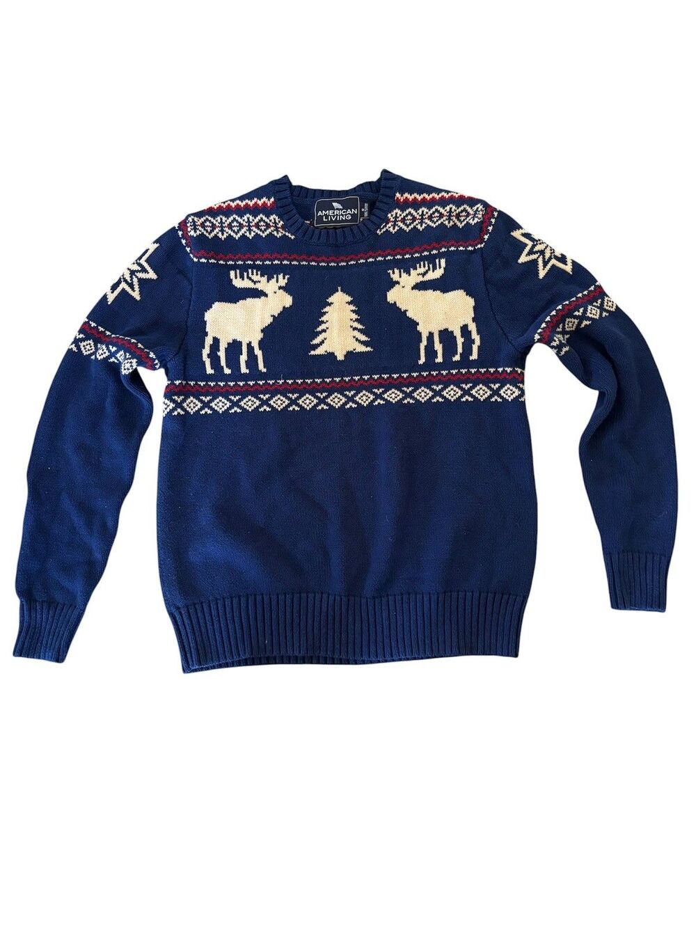 American Living cotton Fairisle preppy Americana moose Christmas tree sweater S